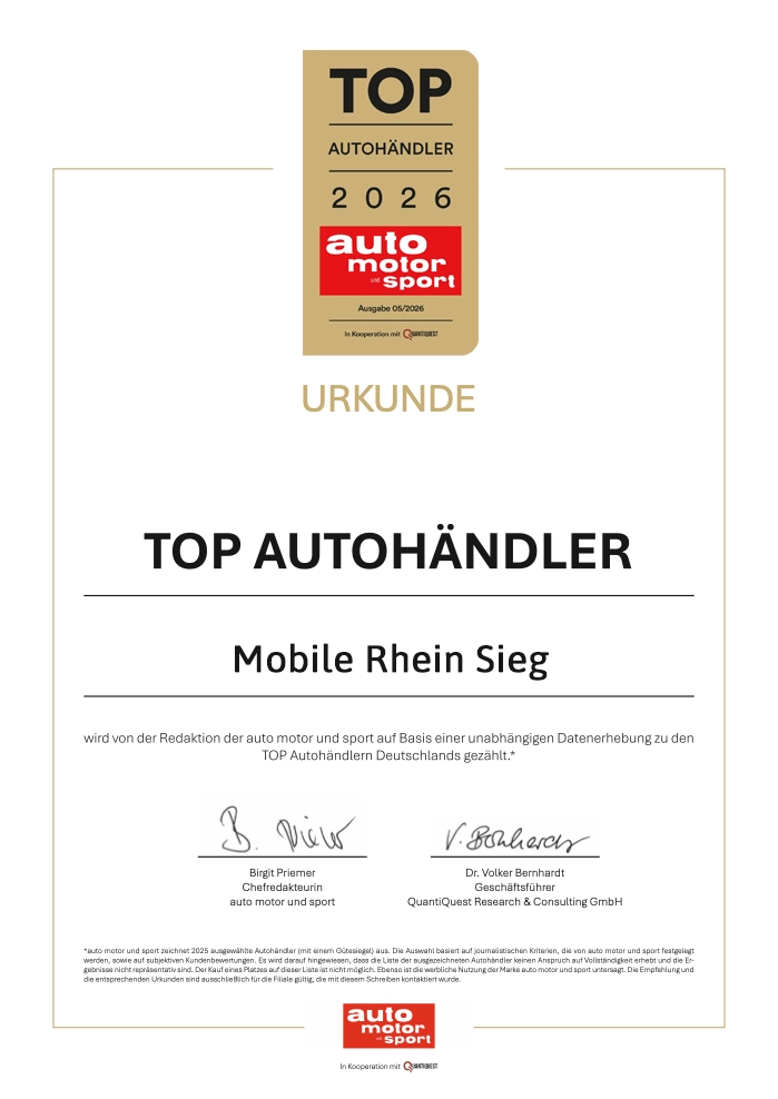 auto motor und sport Top Autohändler 2026 – Urkunde für Mobile Rhein-Sieg