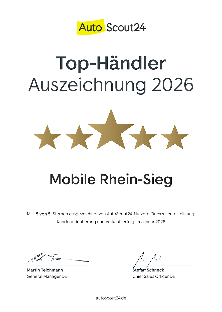AutoScout24 Top-Händler Auszeichnung 2026 – Urkunde für Mobile Rhein-Sieg