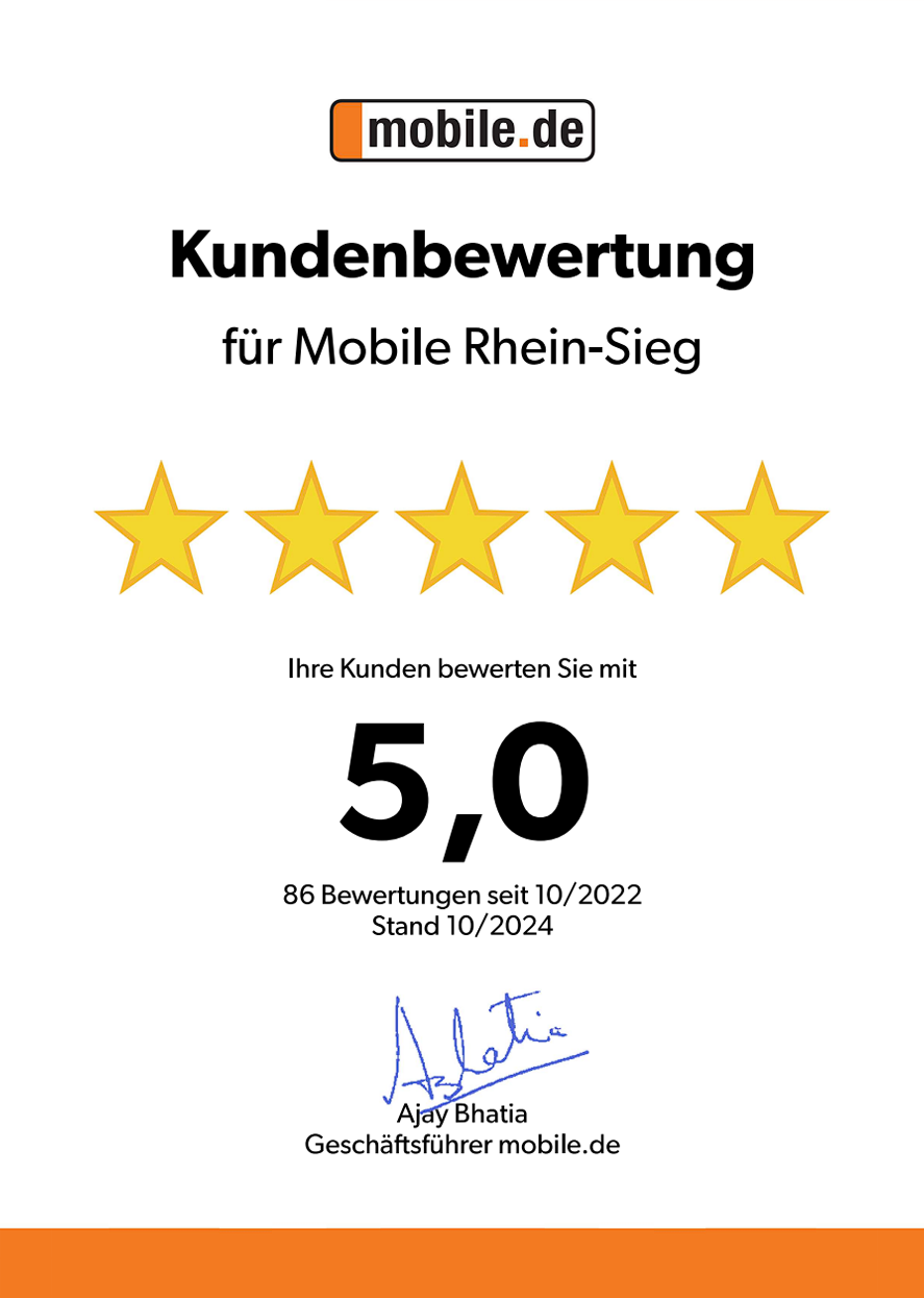 mobile.de Kundenbewertung 5,0 von 5 Sternen – Urkunde für Mobile Rhein-Sieg