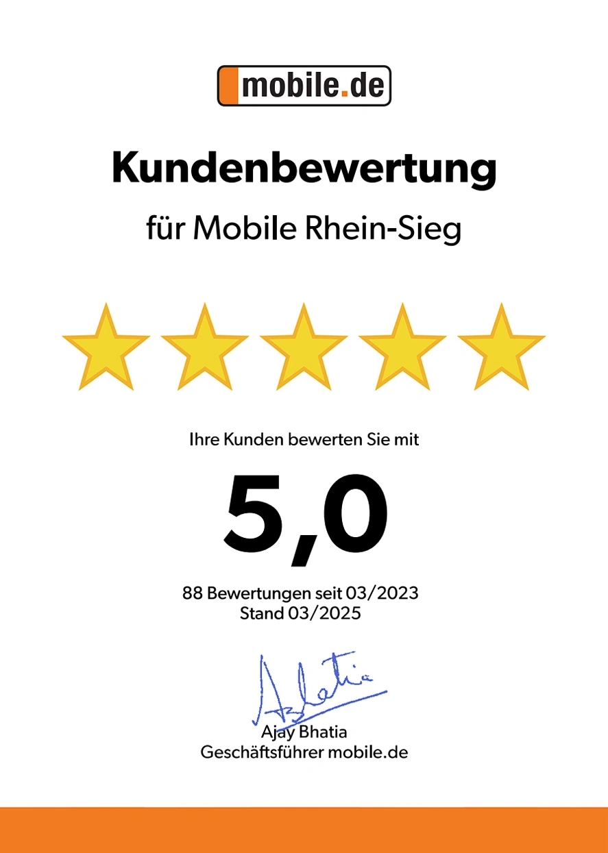 mobile.de Kundenbewertung 5,0 von 5 Sternen – Urkunde für Mobile Rhein-Sieg